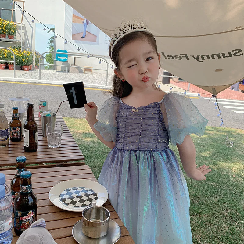 

Summer Girl's Gradient Blue Dress Stylish Puff Sleeve French Ruched Princess Gown