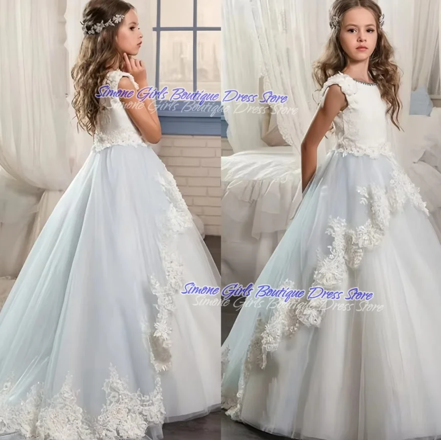 Flower Girl Dresses with Sleeveless Lace Appliques Tulle Gown For Girls Elegant First Holy Communion Party Dresses Wedding