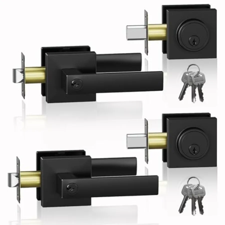 

Keyed Entry Door Handle and Single Cylinder Deadbolt Door Locks, Matte Black Front Door Handle and Deadbolt Set, Heavy Duty Ext