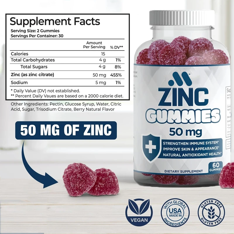 Zinc gummies -50mg high immune boosting, immune defense, powerful natural antioxidants, non genetically modified 60 capsules