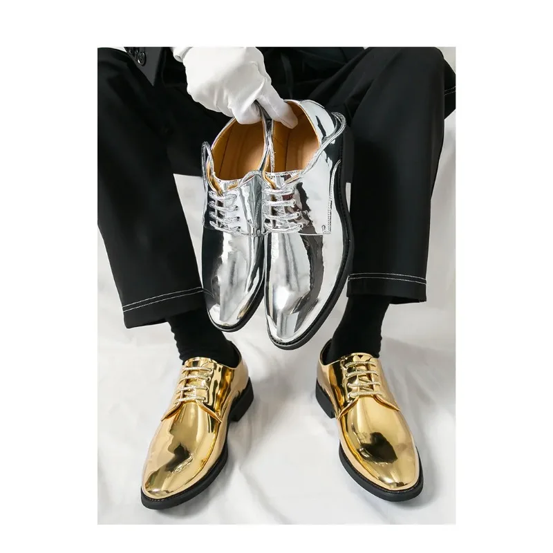 

Wedding Shoes Men Pointed toe Leather Designer Oxford Luxury Silver Man Patent Leather Large Size 38-50 Party Dress