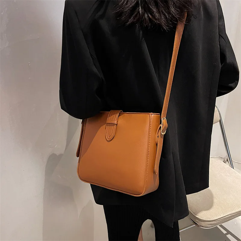 High Quality Textured Bucket Bags Spring Summer Fashionable Pu Leather Solid Color One Shoulder Pack Casual Crossbody Bag