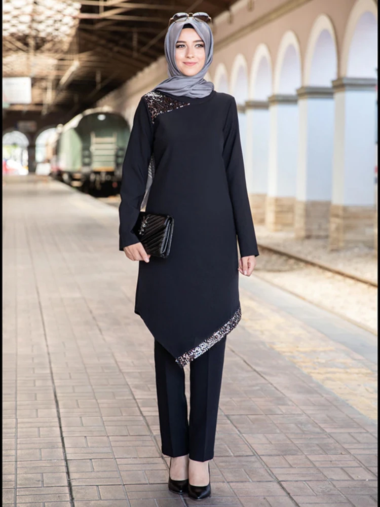 Ramadan Eid 2 Piece Muslim Sets Abayas for Women Tops and Pants Set Turkey Dubai Abaya Dress Islam Clothing Ensembles Musulmans