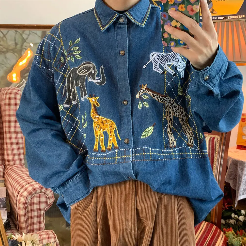 Retro Giraffe Embroidered Zoo Denim Shirt Men 2022 Autumn New Vintage Style Casual Long Sleeve Casual Shirt Women Top Punk Style