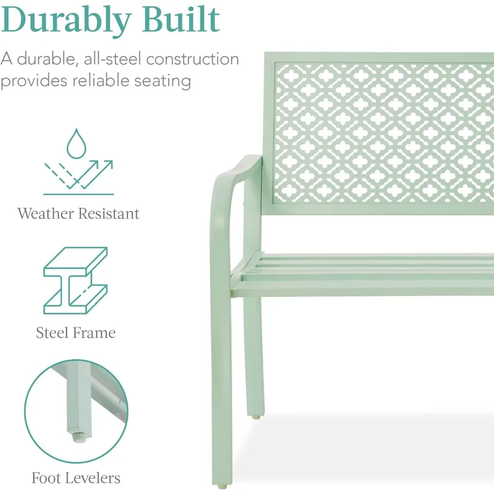 Outdoor Bench 2-Person Metal Steel Benches Furniture for Garden, Patio, Porch, w/Geometric Backrest, 790lb Capacity - Mint Green