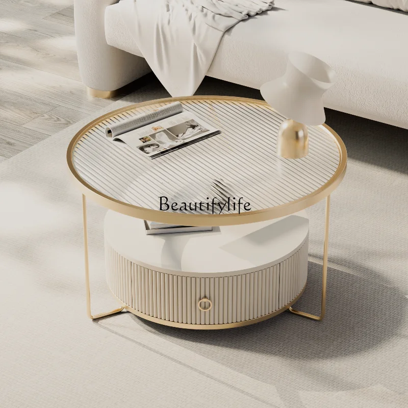 

*Cream style household living room rock slab round tempered glass coffee table small apartment