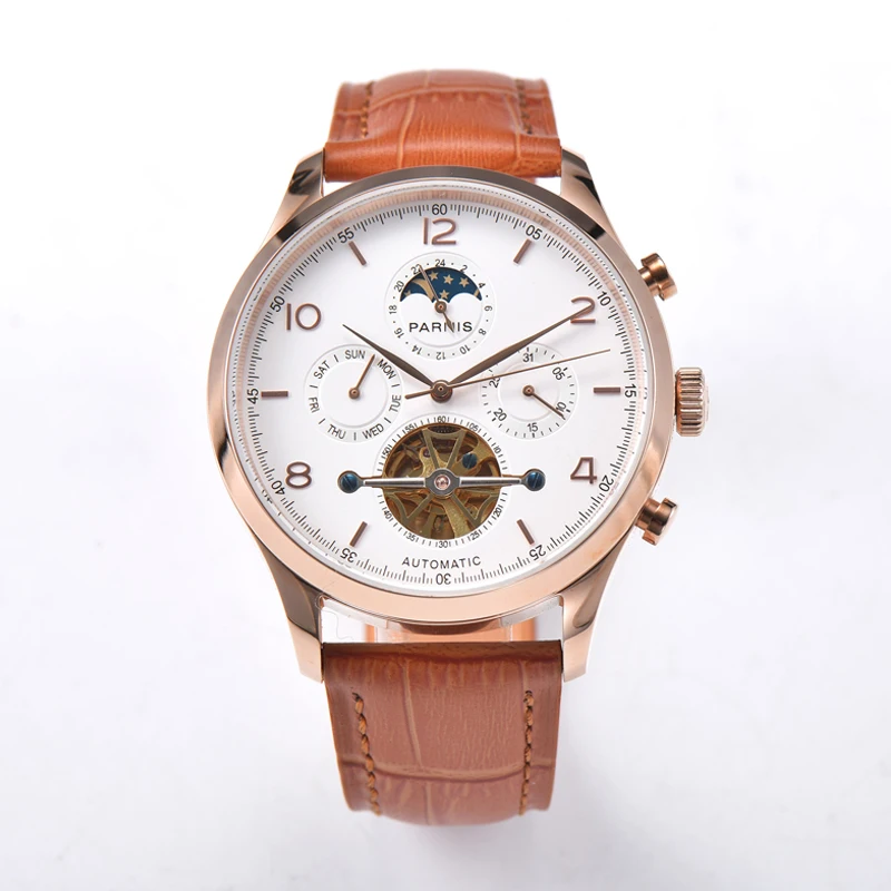 

New Fashion Parnis 43mm Rose Gold Case Automatic Men's Watches Moon Phase Calendar Leather Men Wristwatch JHS35 Mechanical Clock