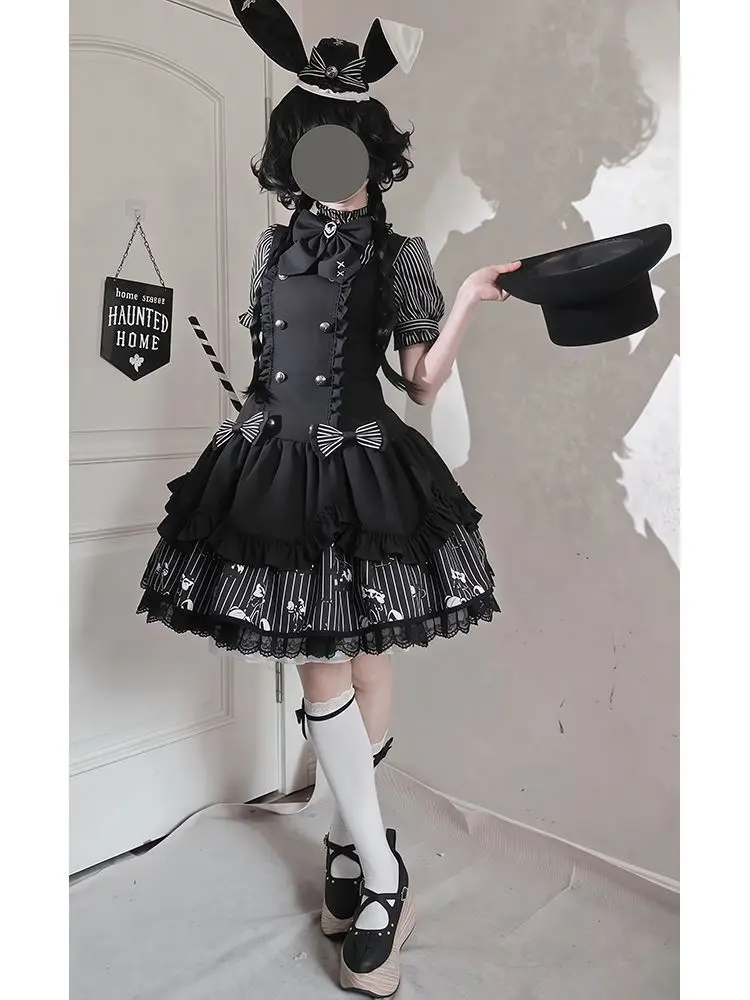 2026 Gothic Striped Lolita Dress Set Women Puff Sleeve Stripe Blouse+Chic Suspender Dress Female Dark Lace Princess Retro Outfit image 5