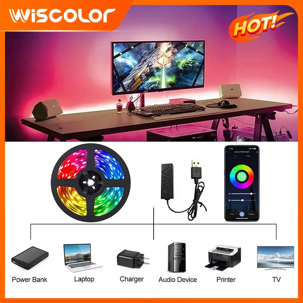 RGB Strip LED Light Music USB 5V Sync Color Changing TV Backlight App Controlled Flexible Tape Lamp Game Room Home Decorations