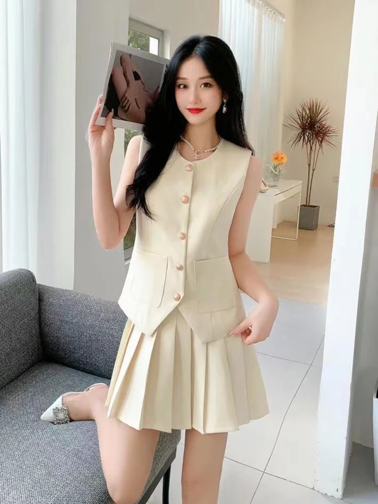 

New Summer Vintage Women Solid Chic Skirts Suit Sleeveless Casual Tanks Tops Pleated Mini Skirts Two Pieces Set Female Outfits