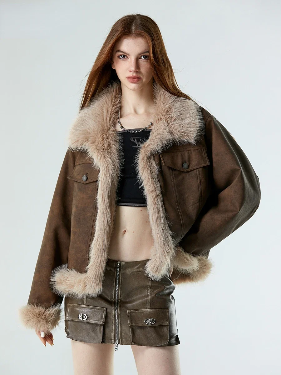 Coffee Colored Women Trendy American Retro Fur Short Jacket Winter New Fur Motorcycle Suit Fur One-piece Jacket