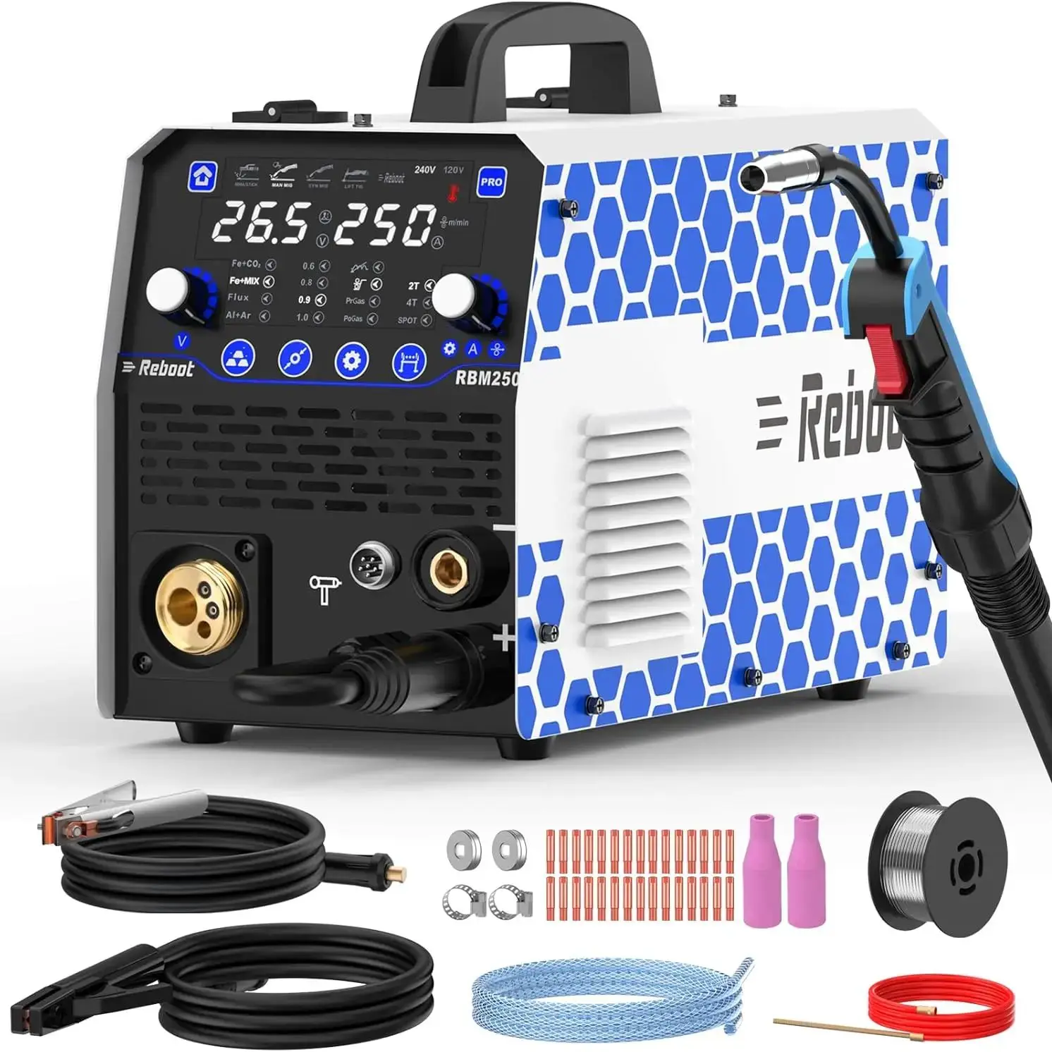 Reboot MIG Welder 250Amp 6 in 1 Gas/Gasless Flux Core MIG/Stick/Lift TIG/Spot welding/Spool Gun 120V/240V Aluminum Multi Process