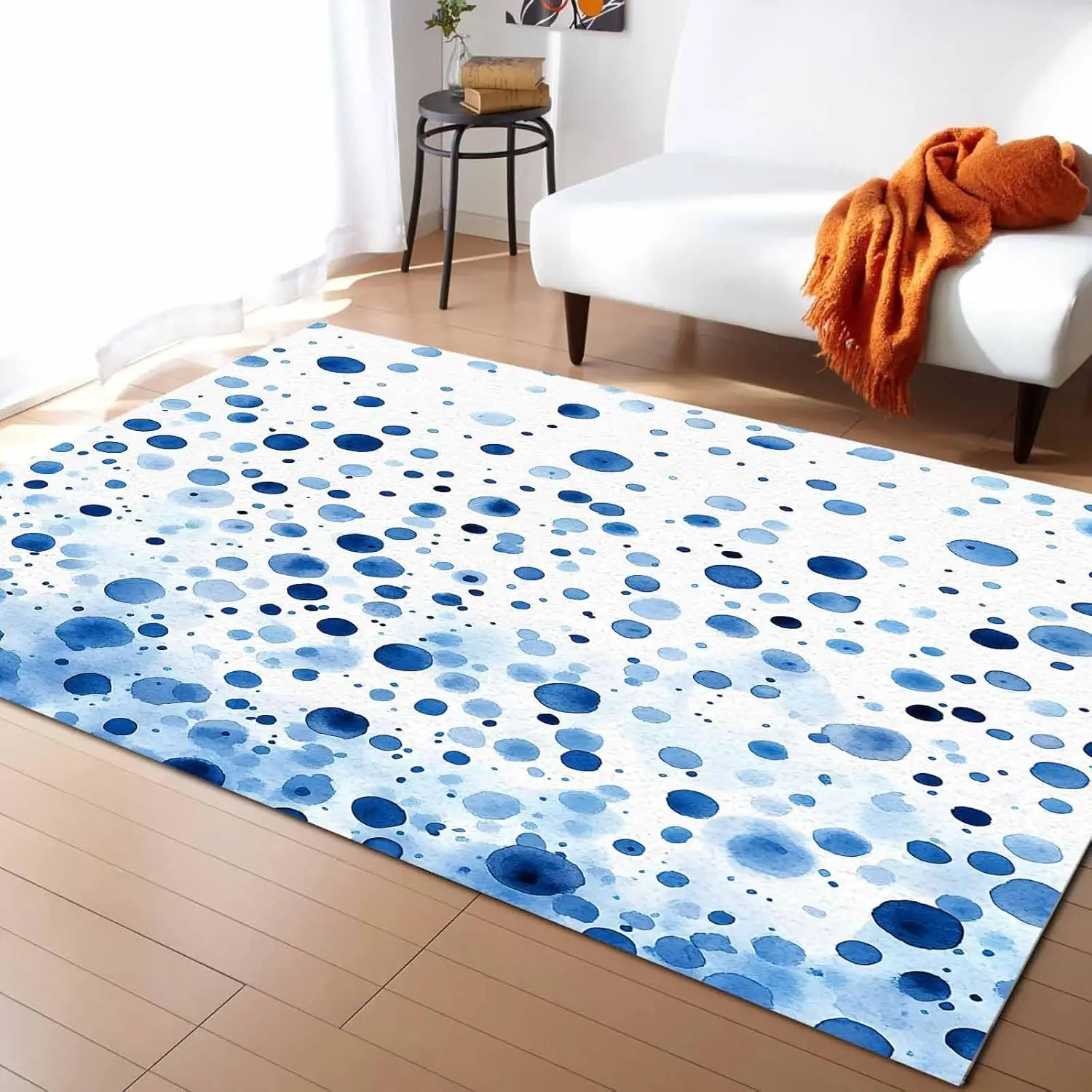 

Polka Dot Theme Washable Area Rugs Watercolor Gradient Navy Blue Non Slip Rugs for Living Room Bedroom, Low Pile Floor Mat Large