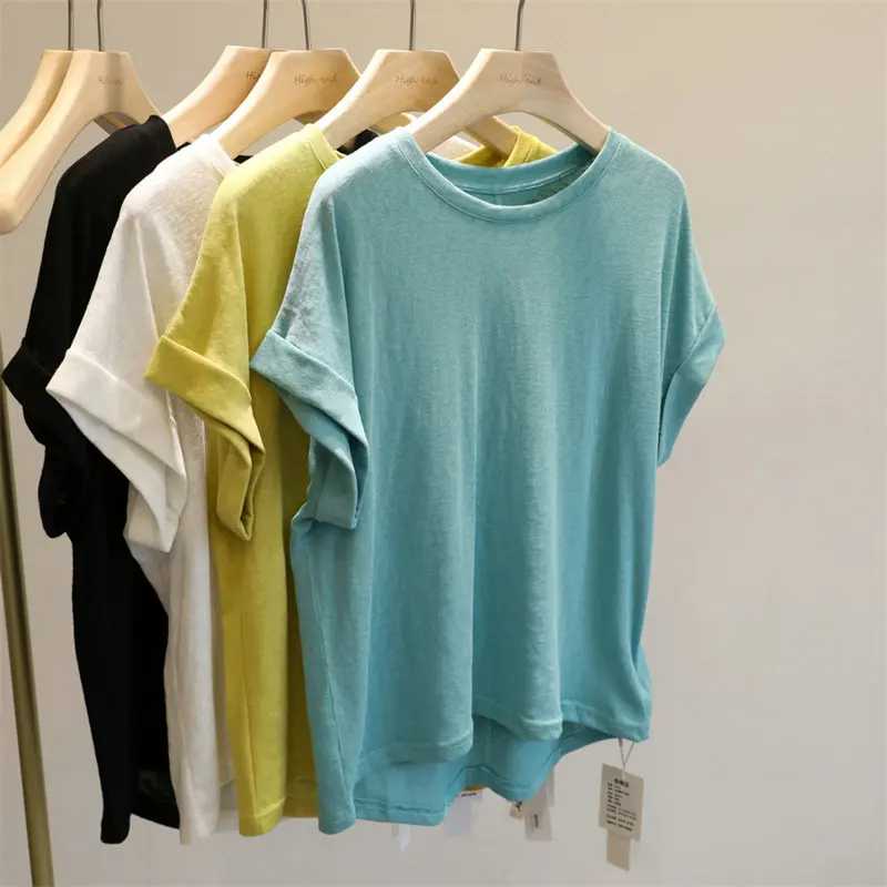 

Loose Women T Shirt Solid Color Cuff Rolled Edge Round Neck Small Fly Sleeve Versatile Top