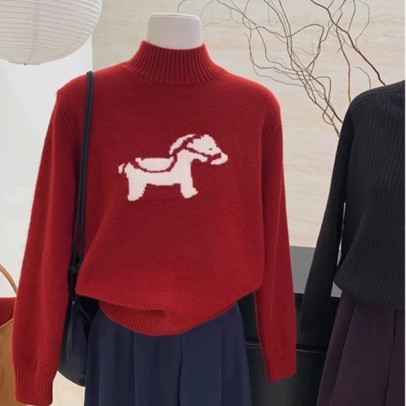 Jacquard Knitted Women's 2025 Autumn and Winter New Spliced   pullover Half-high Collar Loose Versatile Casual Long-sleeved Top