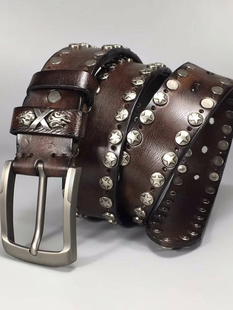 Handmade Punk Style Rivets Genuine Leather Belt Cowhide Strap For Pants Moto Biker Studded Belts Pin Buckle Waistband