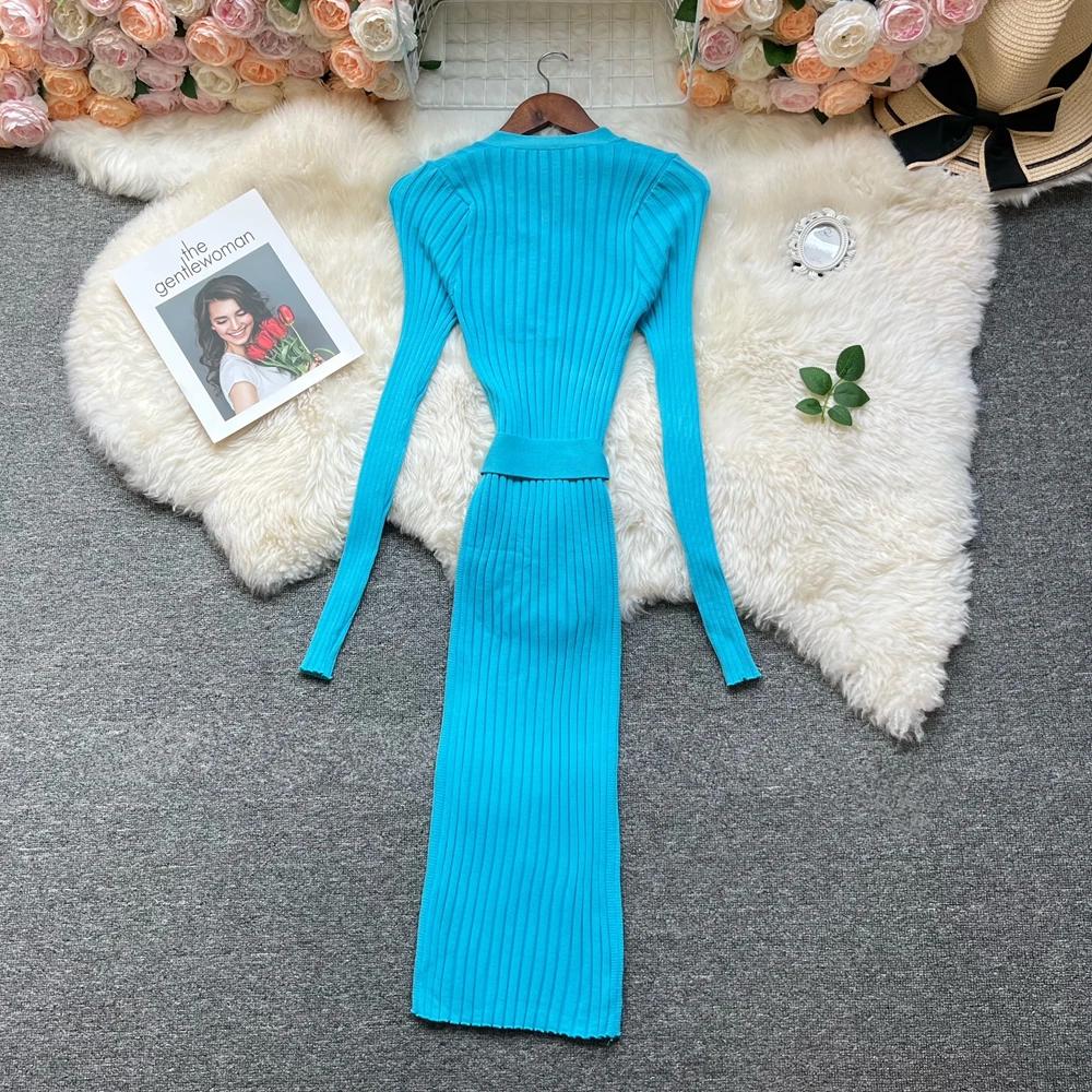 YuooMuoo YuooMuoo シックな美的女性ドレス 2025 秋冬 V ネックボタンニットロングドレスベルトレディパーティー Vestidos