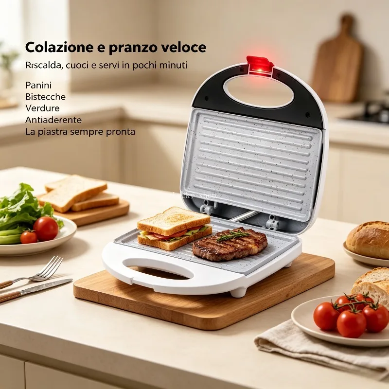 Piastra da Cucina Elettrica con Coperchio Pieghevole 750W Rivestimento Antiaderente Piccolo Elettrodomestico per Preparazione Rapida dei Pasti Quotidiani