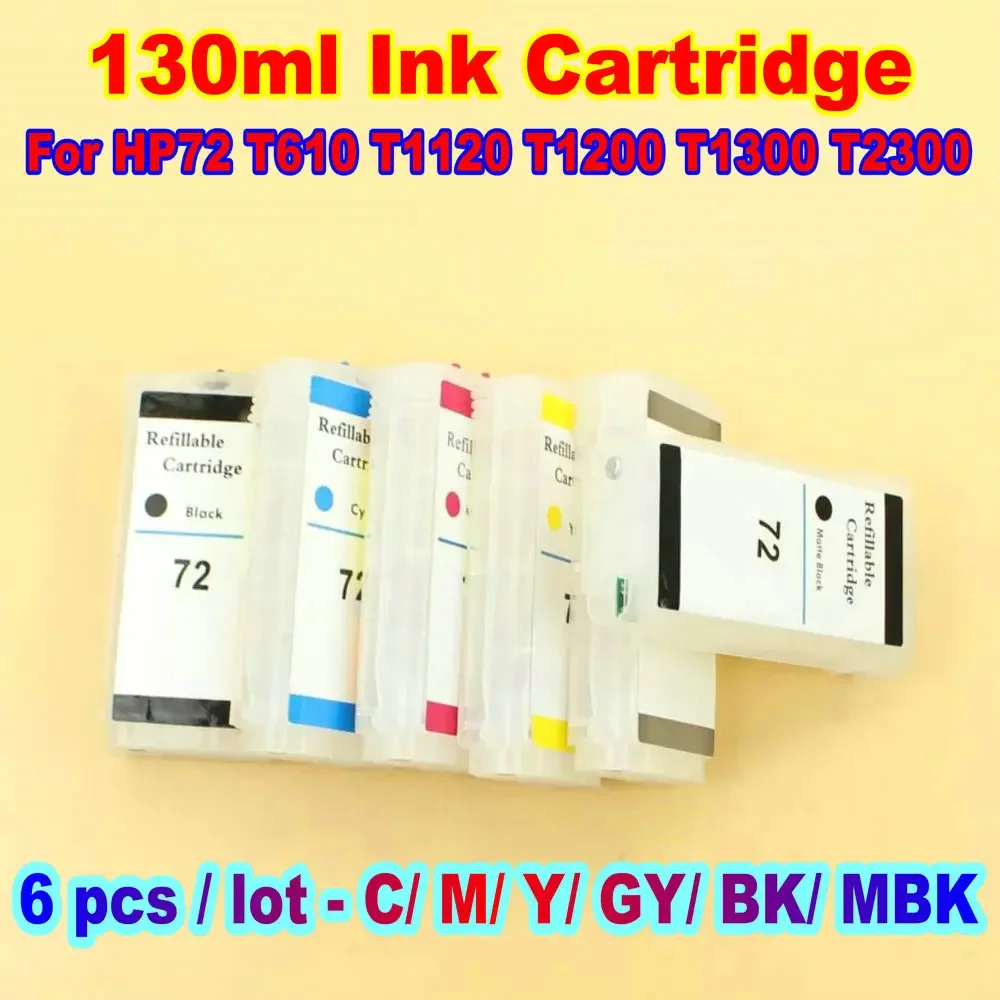 130ML Refillable Ink Cartridge With Auto Reset Permanen Chip HP72 T1100 T1300 T2300 T1120 for HP Printhead HP72 Ink Cartridges