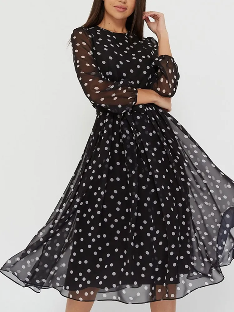 Spring Summer Women\'s Chiffon Dress Long Sleeves Round Neck Coffee Color Black Polka Dot Fashion Print Casual Comfortable Dress