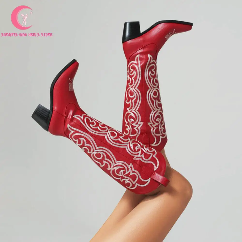 Vintage Embroidery Chunky High Heeled Western Boots Women Brand New Knee High Cowboy Women Shoes Stylish Red Comfy Ridding Shoes