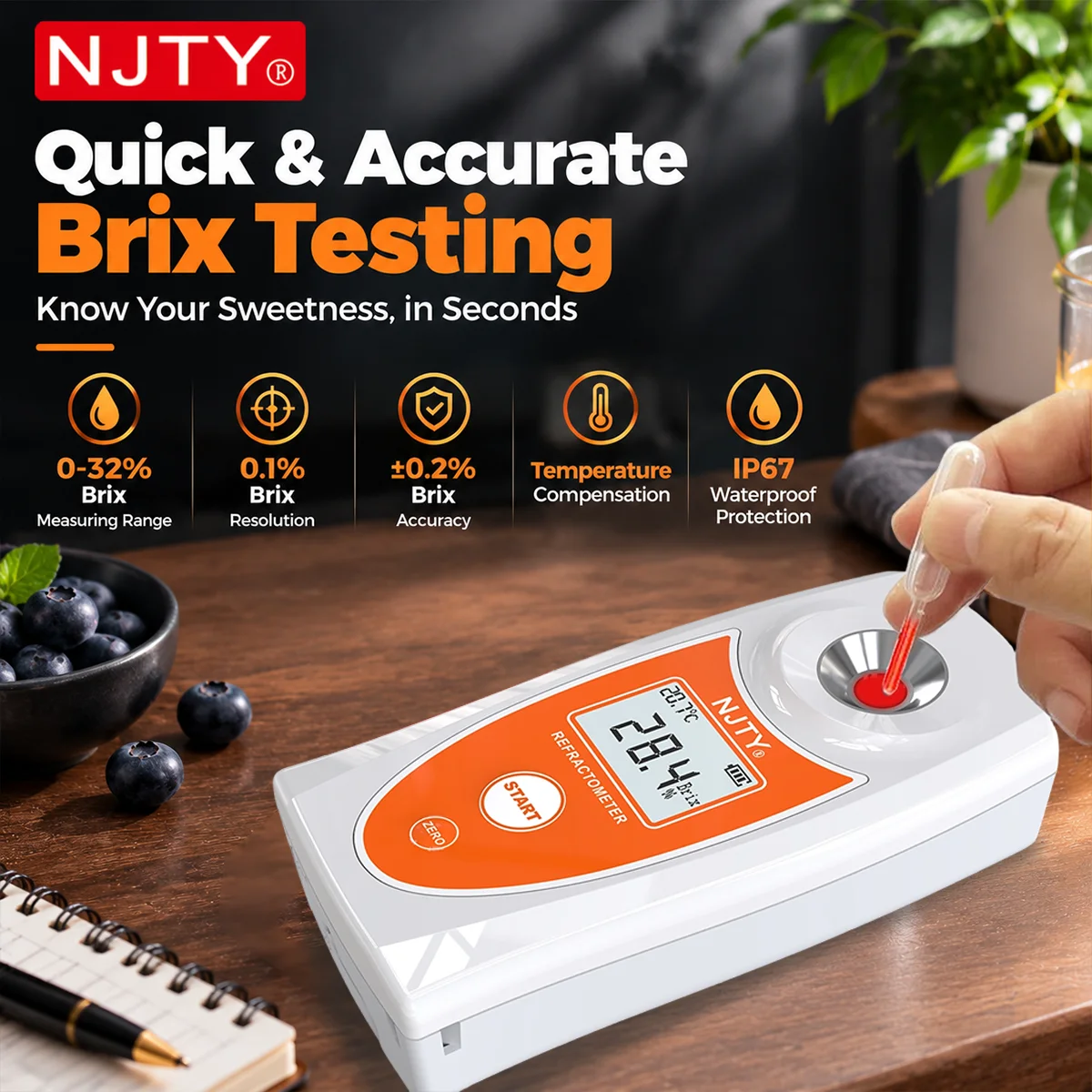 TY-8 Digital Refractometer 0-32% Brix Meter ATC (10-40°C) ±0.2% Accuracy Dual LCD Tester for Honey Fruit Juice Beverage Liquids