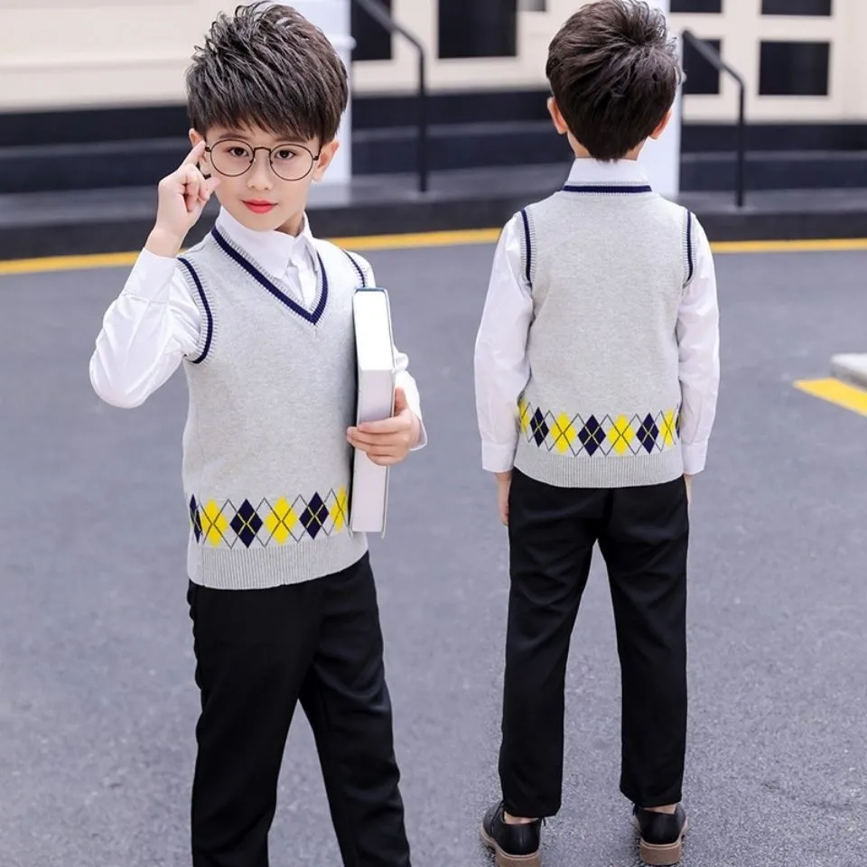 Kids Cotton Vests Spring Autumn , Boys And Girls Knit Sleeveless Sweater ,  V-Neck Children\'s School Waistcoat Top Clothes H6