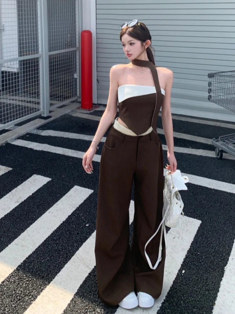 2024 Summer New High Street Contrast Color Patchwork Sexy Irregular Camisole Women + Loose Casual Wide Leg Pants Two-piece Suit