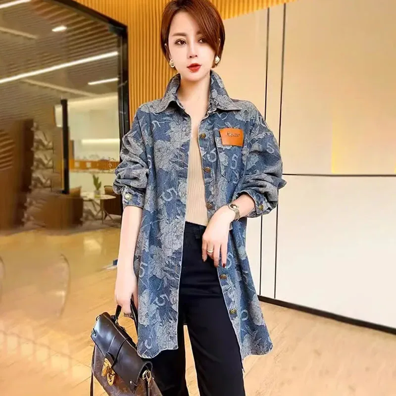 

New Women Denim Shirt Jacket, Spring Autumn Fashion, Retro Casual Printed Basic Jacket, Loose Large-sized Long-sleeved Denim Top