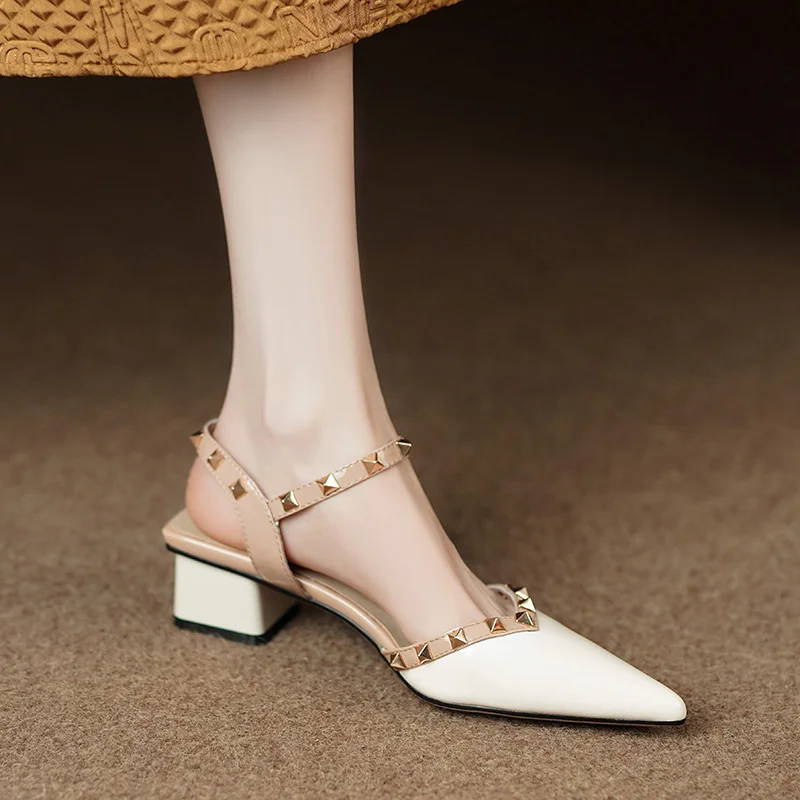 New Summer Fashionable Comfortable Elegant Casual Baotou Thick Heel Pointed Rivets Cowhide One-word Buckle Mid-heeled Shoes