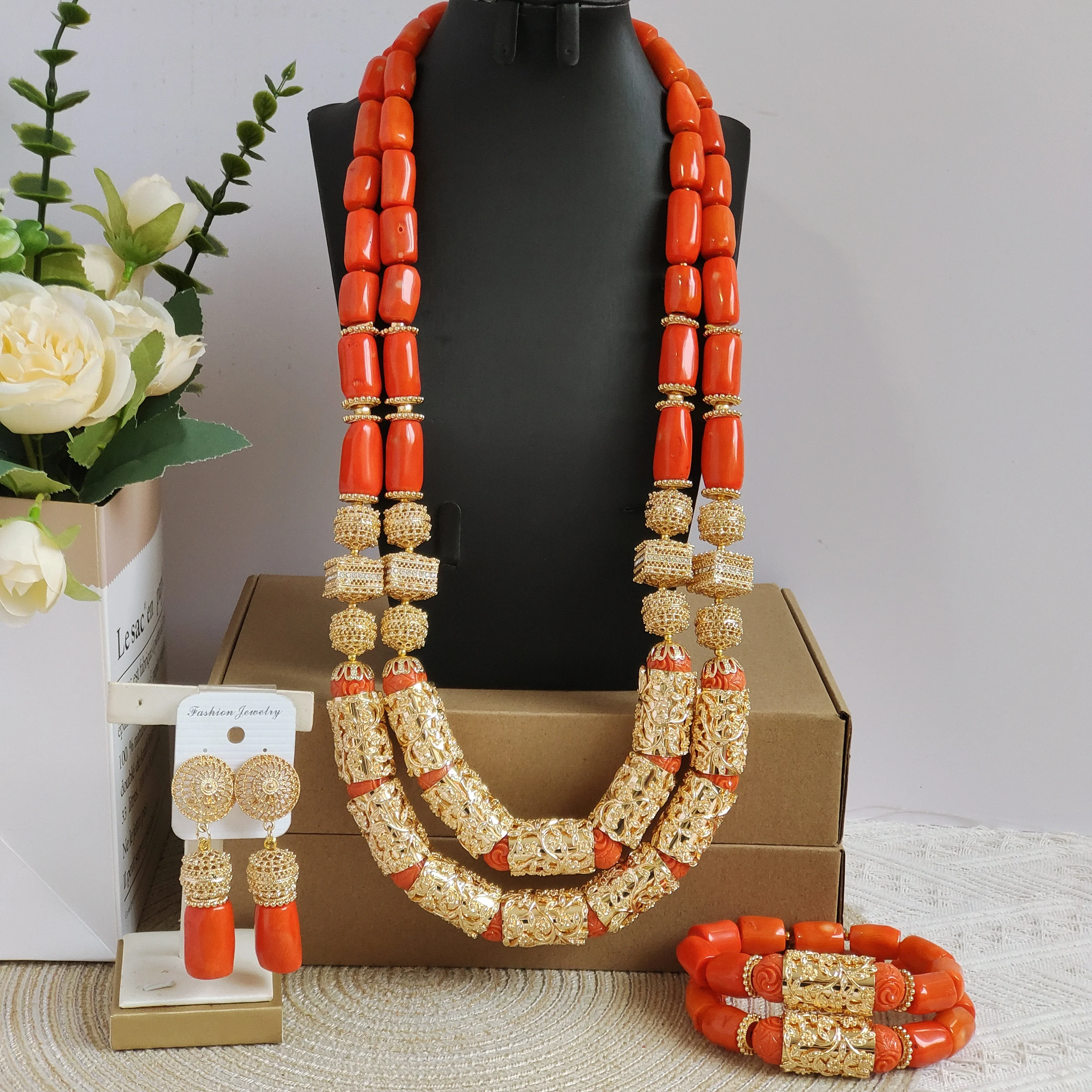 

Aczuv orange african coral beads jewelry set original
