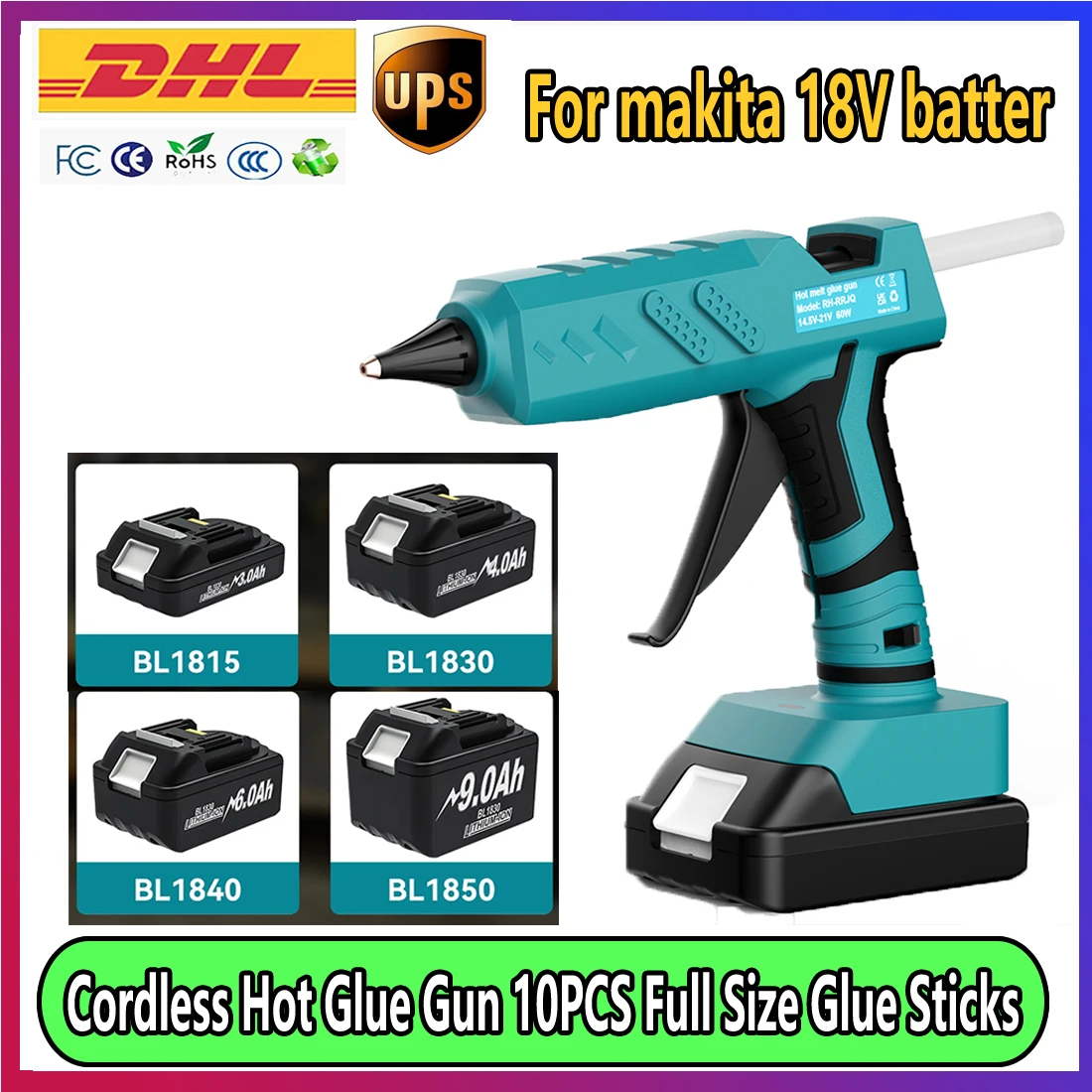 100W Cordless Hot Glue Gun Compatible with Makita 18V Battery High Temp Electric Power Glue Gun with 10PCS Glue Sticks