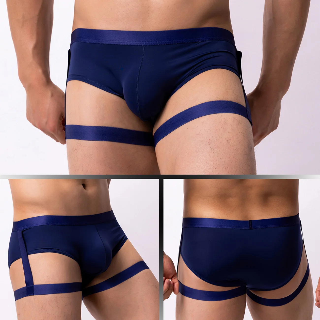 Ropa Interior de seda de hielo para Hombre, suspensorio Sexy Gay, lencería fina, bragas con tirantes para piernas