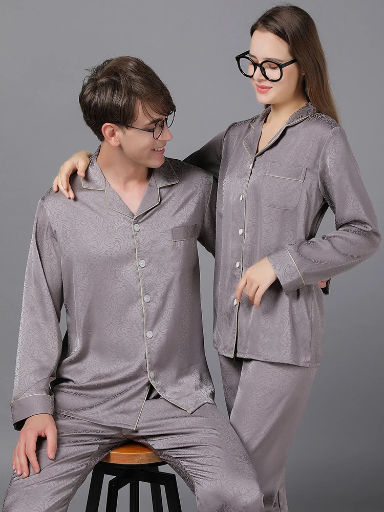 

New sleepwear long sleeved plus size 100% mulberry silk couple outfit two-piece set
