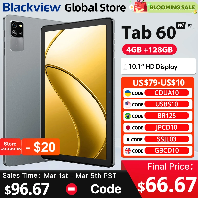 Blackview Tab 60 WIFI Tablet 10.1 Inch HD IPS Display Widevine L1 12GB(4+8Expand) 128GB PC Mode WIFI6 5100mAh Android 14 Pad PC