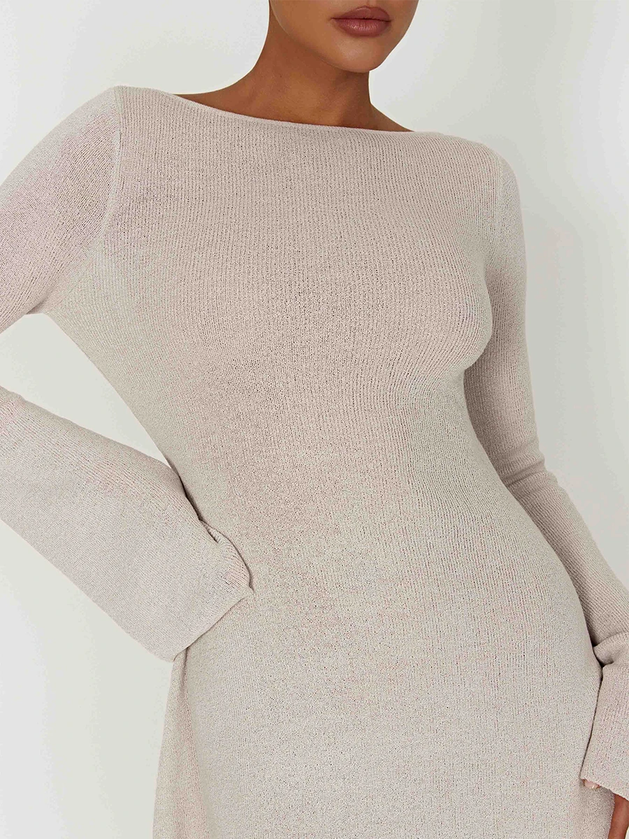 Women s Fall Mini Dress Long Sleeve Open Back Contrast Solid Color Knit Dress Casual Sweater Dress