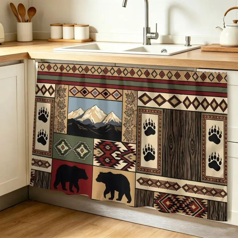 VIKAMA Cabin Style Bear Mountain Patchwork Cabinet Curtain Western Under Sink Dust Cover Kitchen Counter Decor Short Curtain