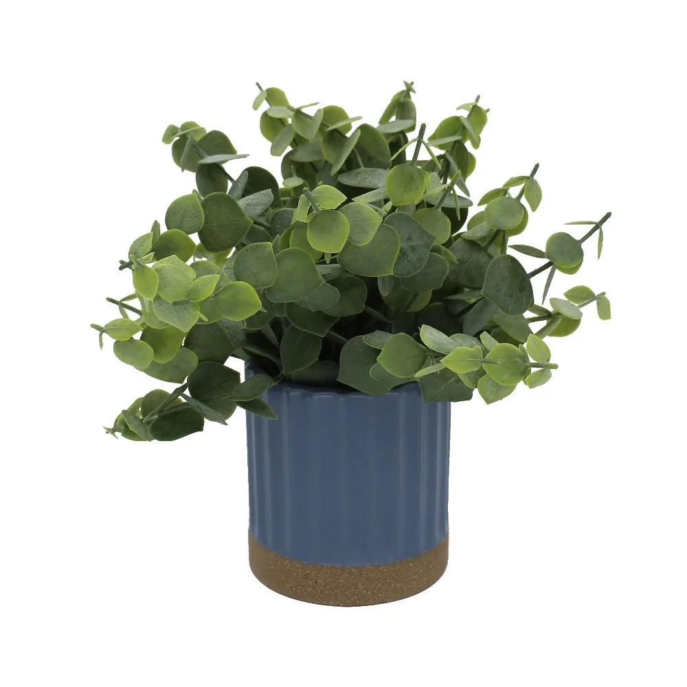 Artificial Eucalyptus Silk Plant in Blue Two Tone Ribbed Ceramic Pot for Home Office Decor