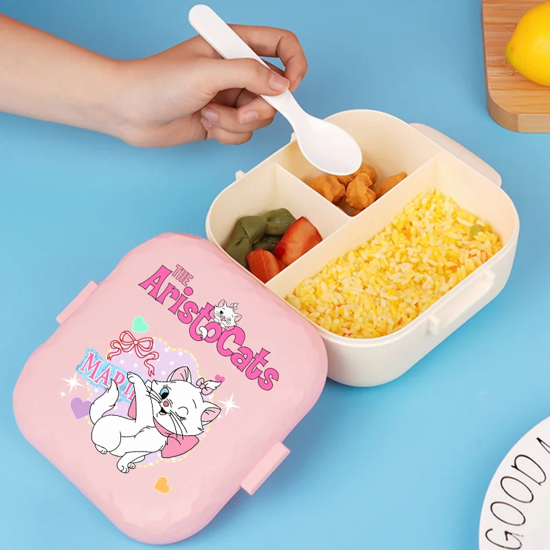 Lonchera de 800ml con diseño de dibujos animados para estudiantes, lonchera portátil tipo bento para los Aristocats, apta para microondas, libre de BPA, equipada con cubiertos de regalo.