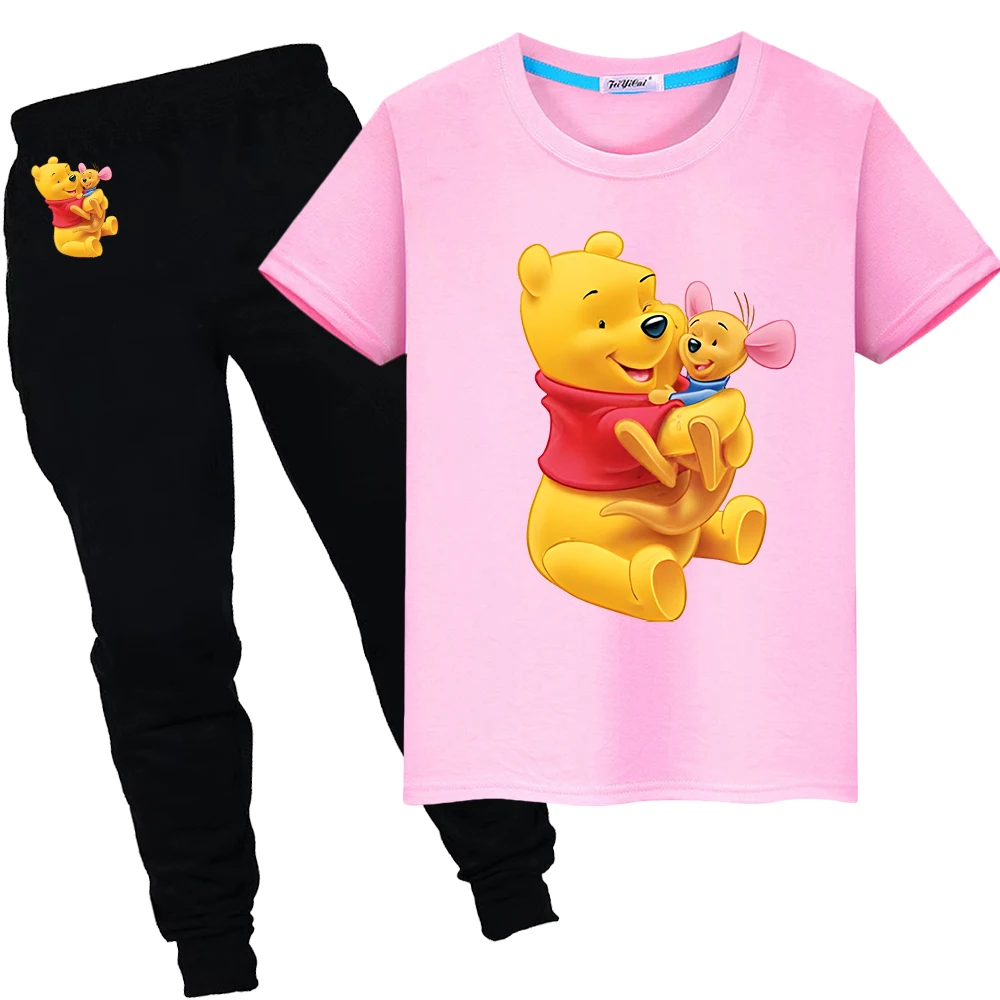 

Disney Print 100%Cotton cartoon T-shirt boys girls Summer Sports Sets Short+pant Pooh Bear Kawaii Tshirts kids boutique clothes