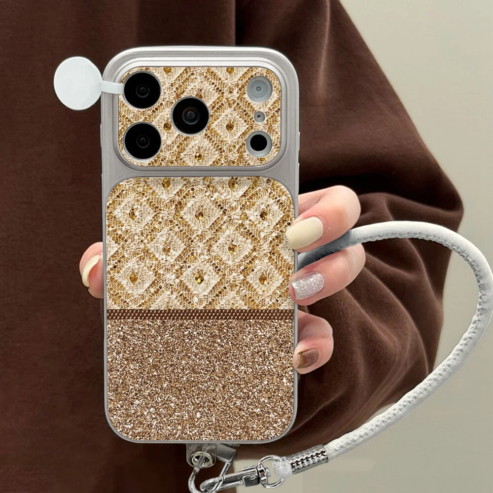 Gold Lace With Glitter Accents Pattern Phone Case For iPhone 18 Pro Max 17 15 Pro 16 14 13 Pro 12 11 Faux leather with lanyard