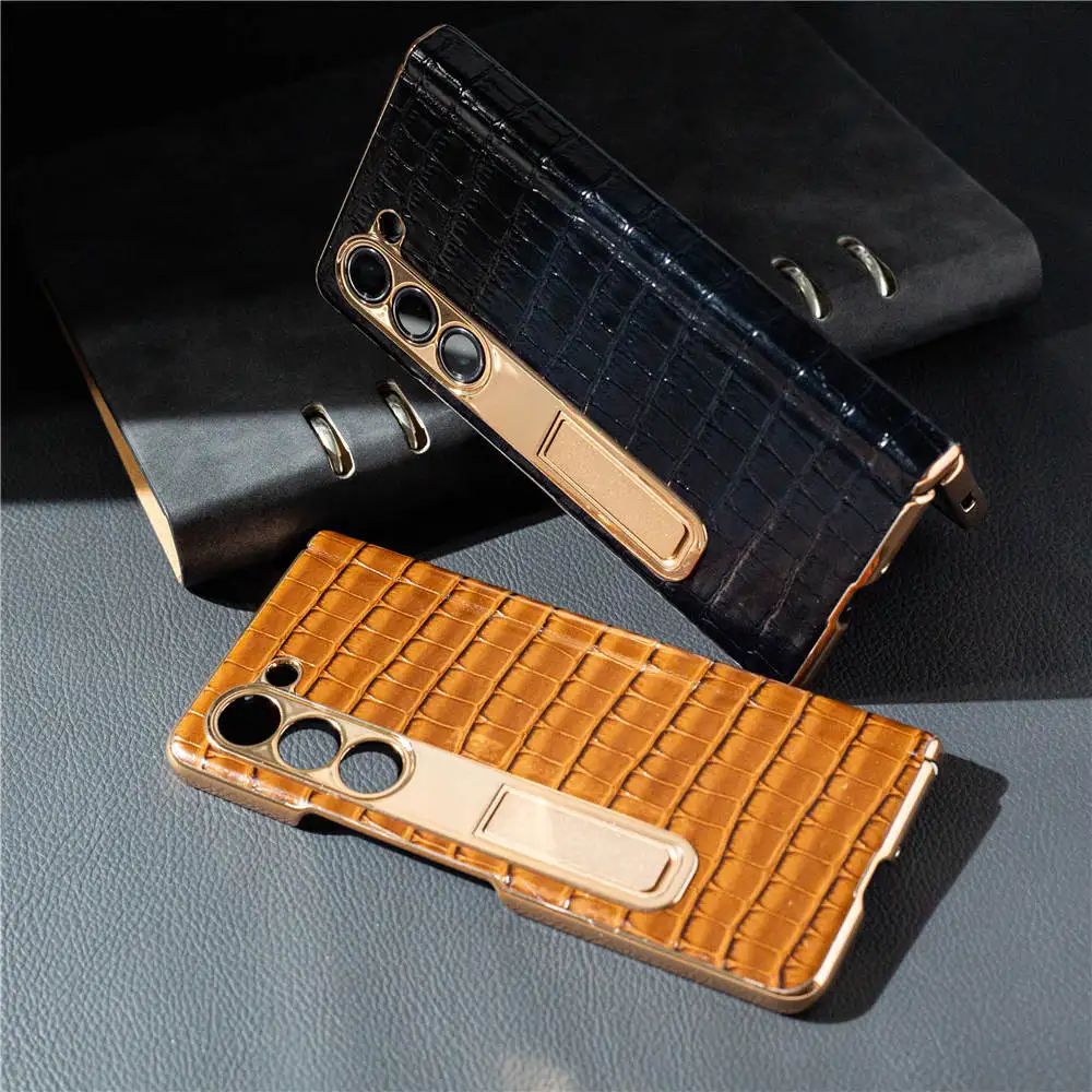 Funda de cuero de vaca genuino para Samsung Galaxy Z Fold5, cubierta de bisagra con soporte de película de vidrio