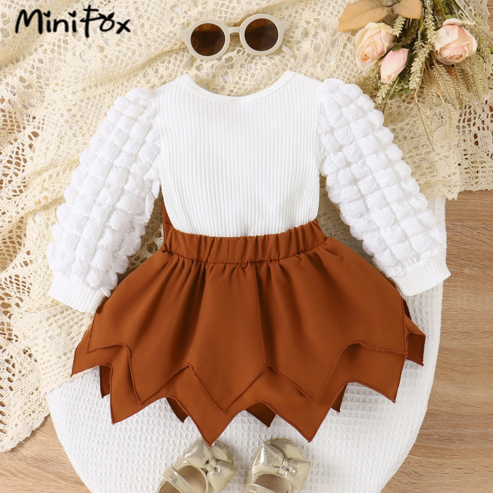 MiniFox Baby Girls Clothes Sets 2024 Puffy Sleeve White T-shirts and Bow Irregular Skirts 2pcs Sets For Kids Baby Girls Outfit