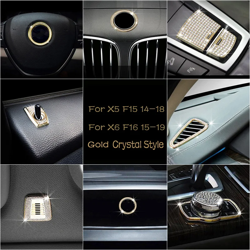 

Gold Full Set Crystal Style Trim Car Center Air Condition Vent Outlet Cover Front Rear LOGO Ring For BMW X6 X5 F15 F16 14-18