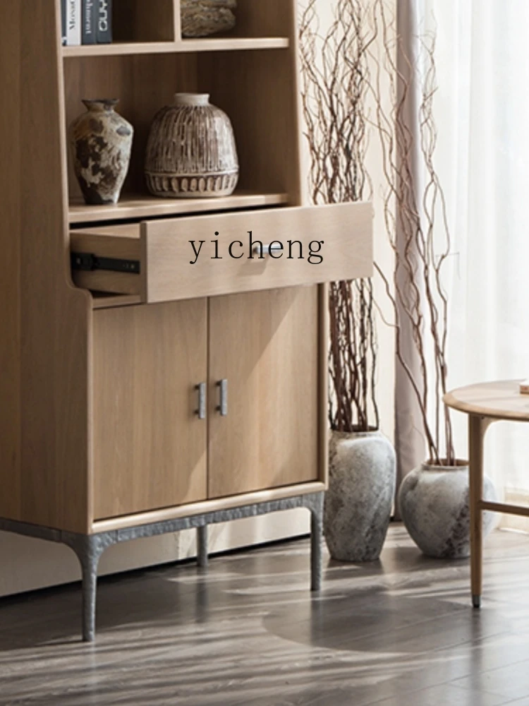 

TQH Smoked Oak Solid Wood Side Cabinet Natural Modern Minimalist Living Room Corner Cabinet Charming Style