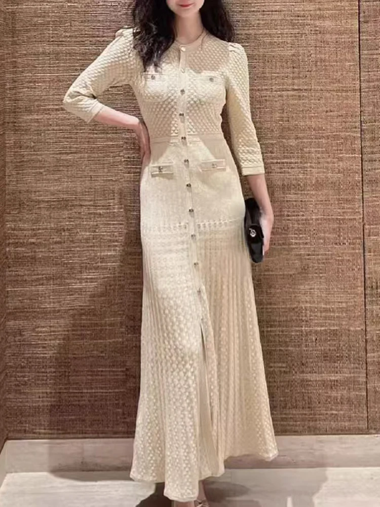 Women Elegant Hollow Out O-neck Single Breasted Long Robe Ladies Spring Summer New Fashion Temperament Knitted Dress