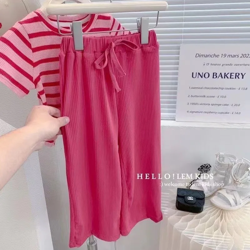 2024 Summer girls and children's new stylish striped short sleeve top cool wide leg pants 2-piece set suitable for 1 to 8 years image 4