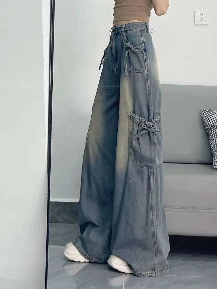 여성 빈티지 블루 보우 레이스업 멀티 포켓 Y2K 카고 청바지 90년대 아메리칸 레트로 스트릿웨어 하이웨이스트 루즈 와이드 레그 데님 팬츠