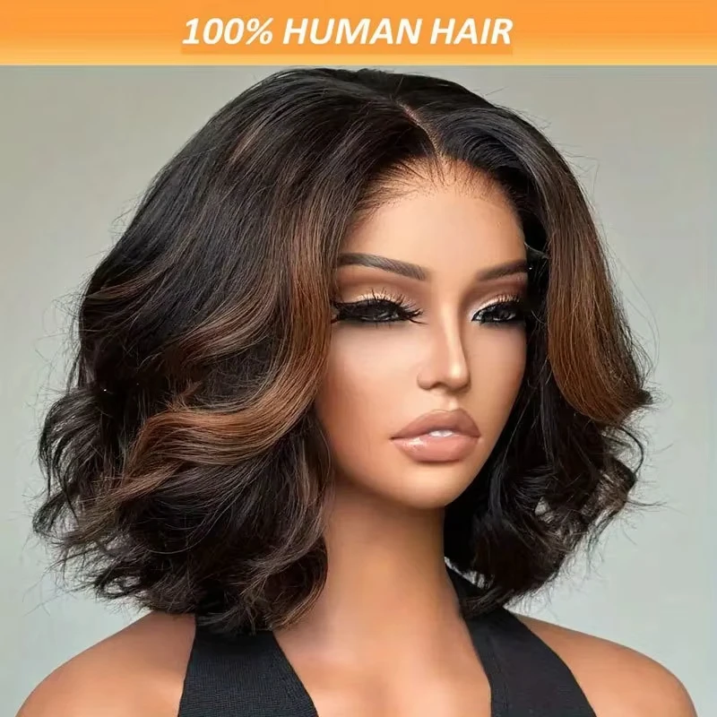 10 بوصة 1b/30 تسليط الضوء على بوب الباروكات شعر الإنسان موجة فضفاضة 5x5 الدانتيل الباروكات الأمامية غلويليس شعر مستعار 100% شعر الإنسان قبل قطعها للنساء