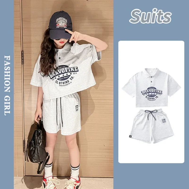 

Summer Girls Cotton Gray Alphabet Crop t-Shirt Tops+Drawstring Short Pant Set School Kids Tracksuit Children 2PCS Outfit 3-14Yrs